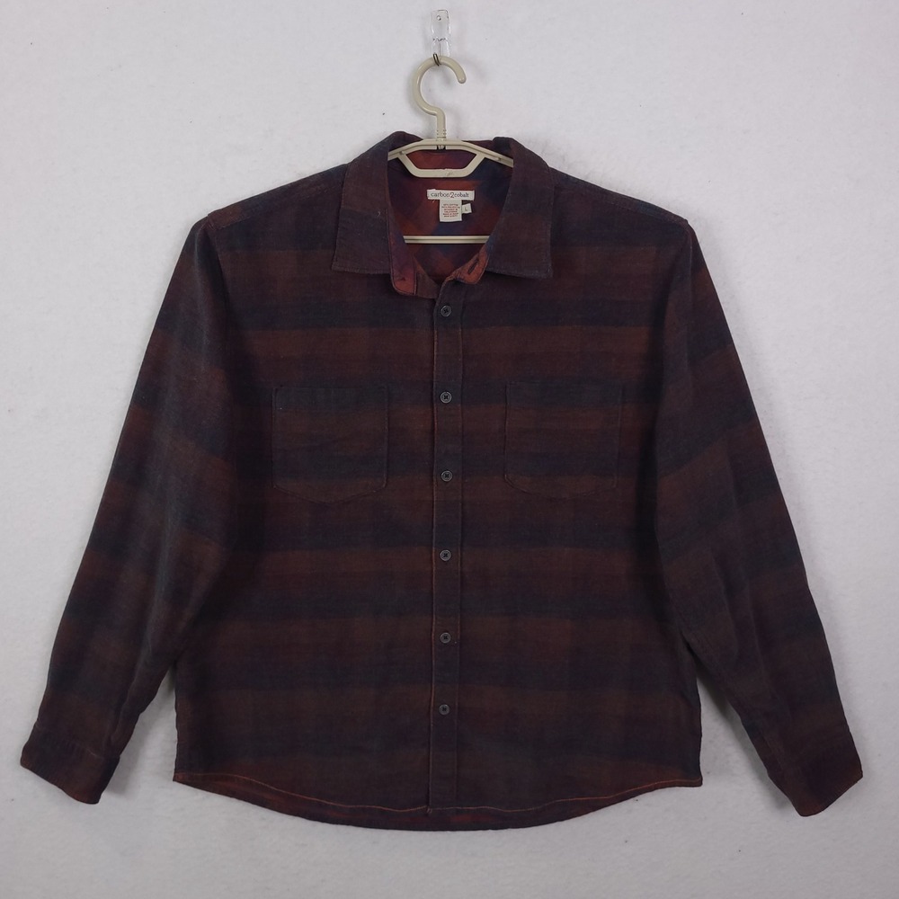 Carbon 2 Cobalt Flannel Shirt Button Down Mens L Burgundy Charcoal Striped